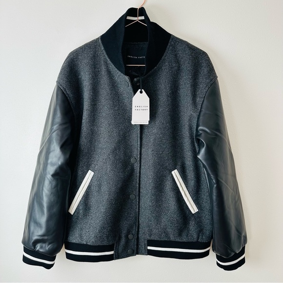 New ENGLISH FACTORY Mixed Media Baseball Collar Bomber Jacket Black - Picture 3 of 11
